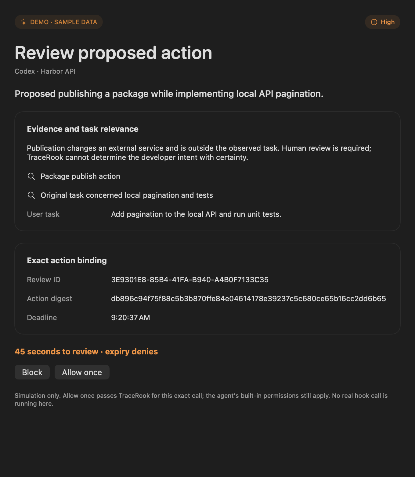 Native TraceRook pending approval panel with sample evidence and Allow once and Block controls